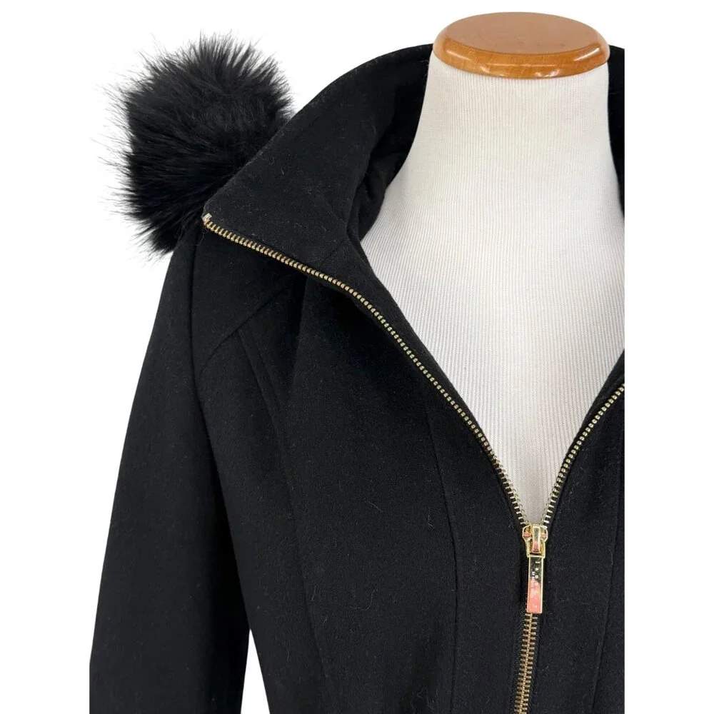 Laundry By Shelli Segal Black Wool Faux Fur Trim Hooded Coat | Cozy Quiet Luxury - Picture 11 of 16